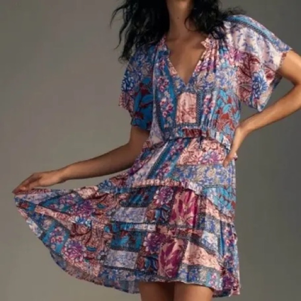 Anthropologie Multicolor Patchwork Mini Dress - Blue & Pink